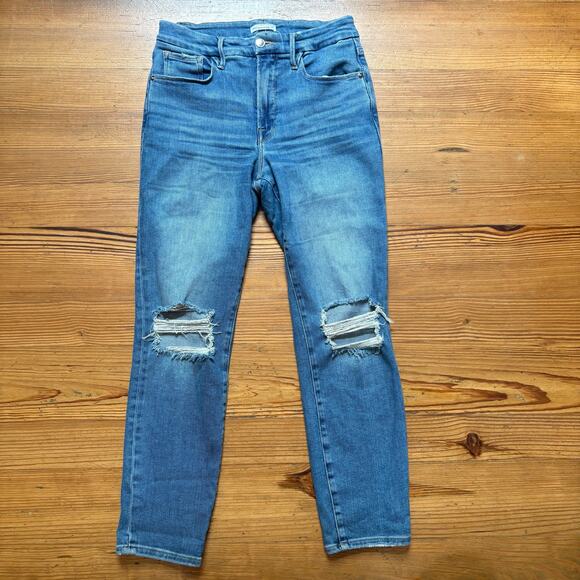 Good American Indigo high rise medium wash distressed ankle jeans SIZE 8 - Picture 1 of 6
